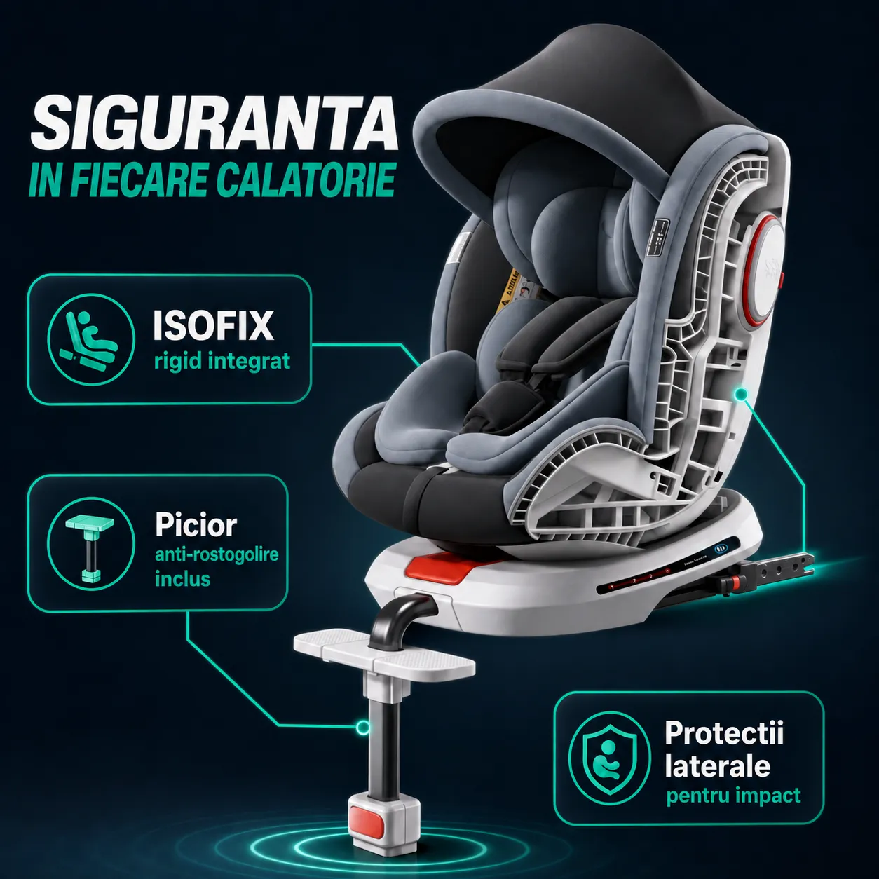 Timebox Scaun Auto Bebeluși 0-12 Ani 360° ISOFIX Gri