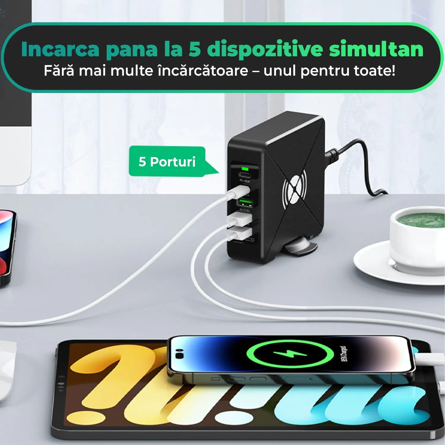 Timebox Incarcator Retea 5 Porturi 75W USB Type-C Negru