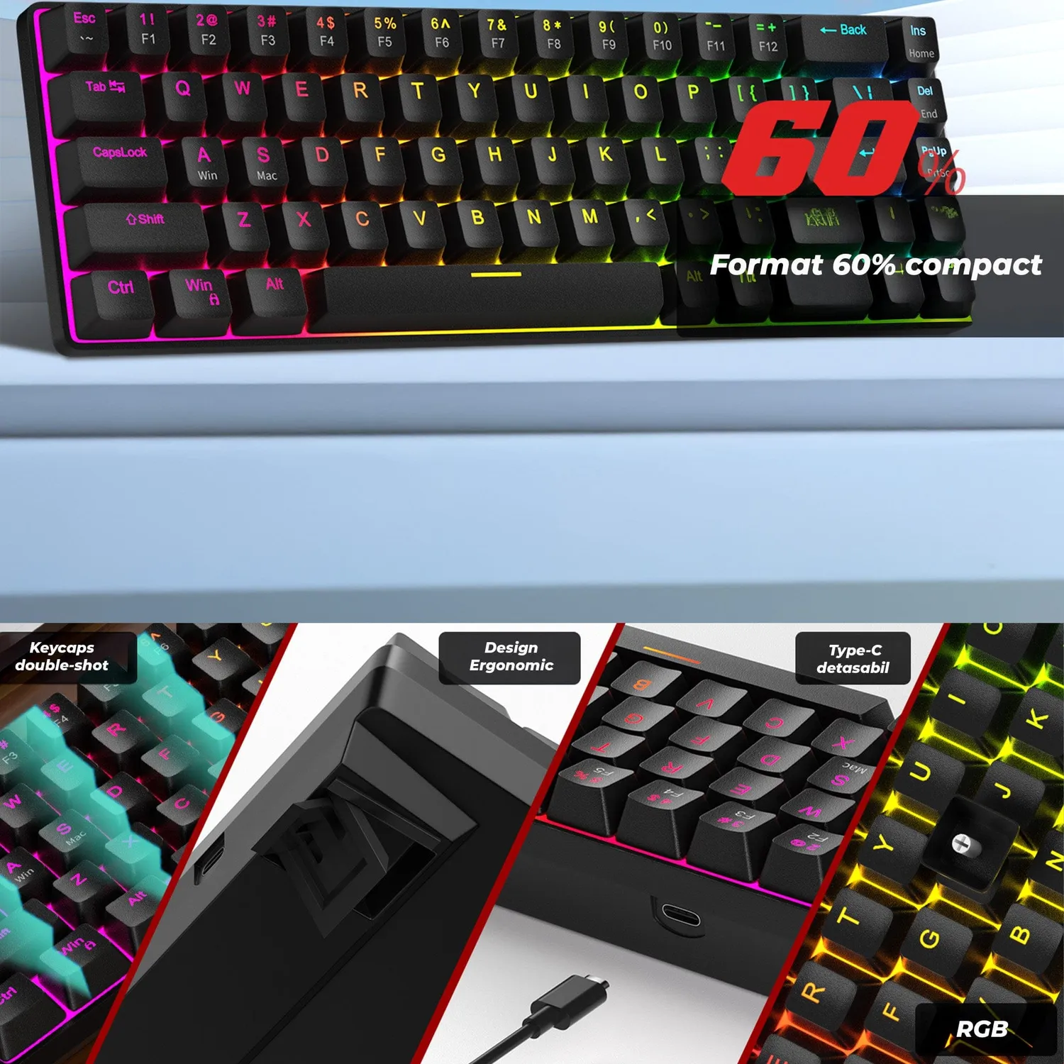 Timebox 60% tastatura mecanica gaming RGB Negru Anti-Ghosting