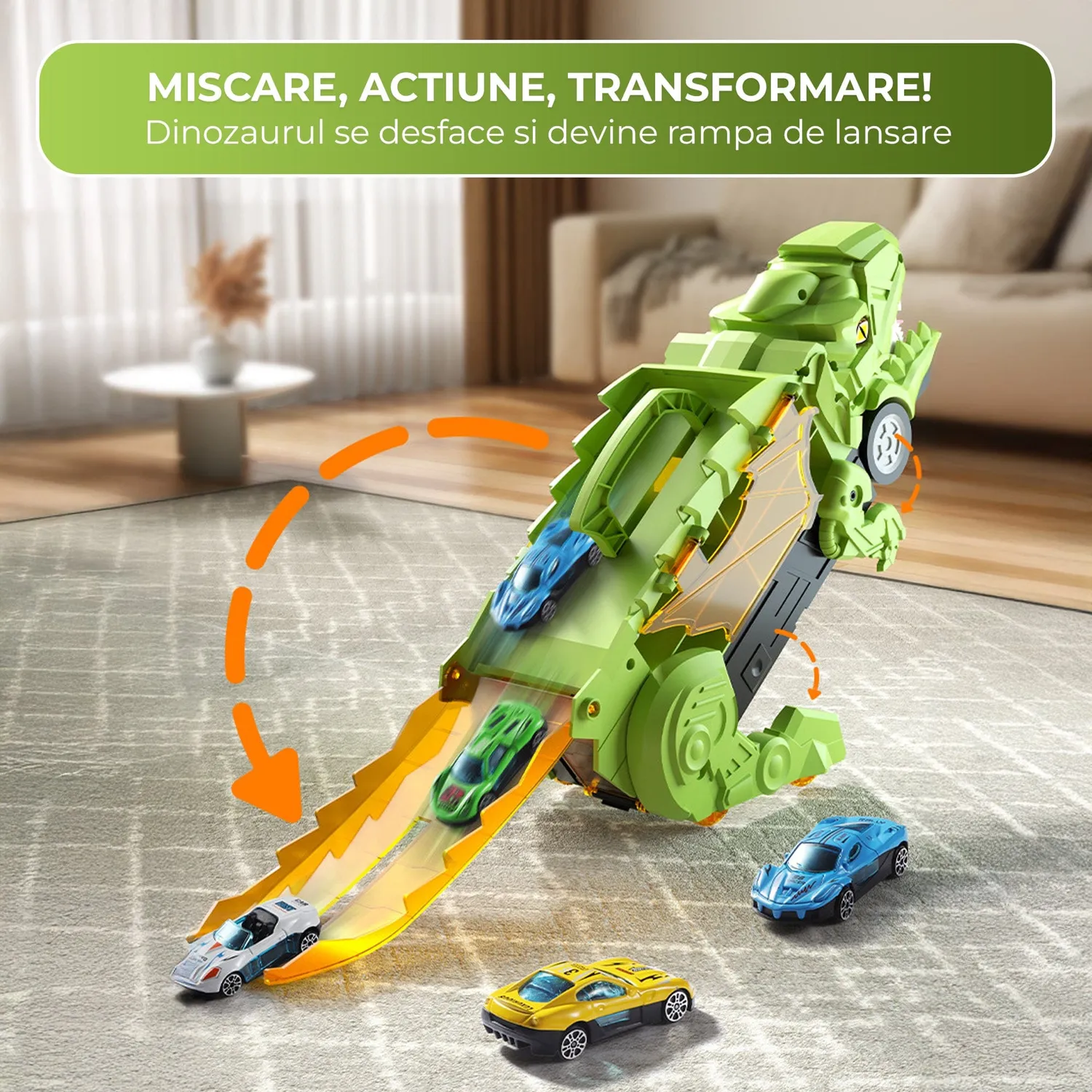Timebox Dinozaur Transformabil 3 in 1 Verde cu 2 masinute