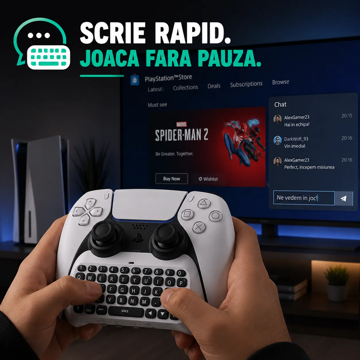Timebox Chatpad Tastatura Wireless PS5 Bluetooth Alb