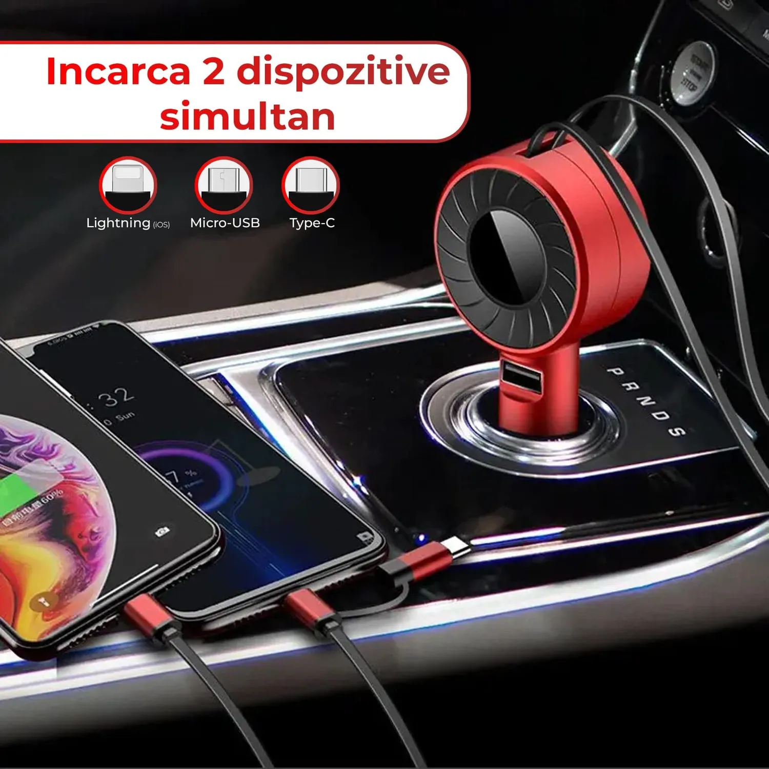 Timebox incarcator auto 3 in 1 rosu Super Fast Charge