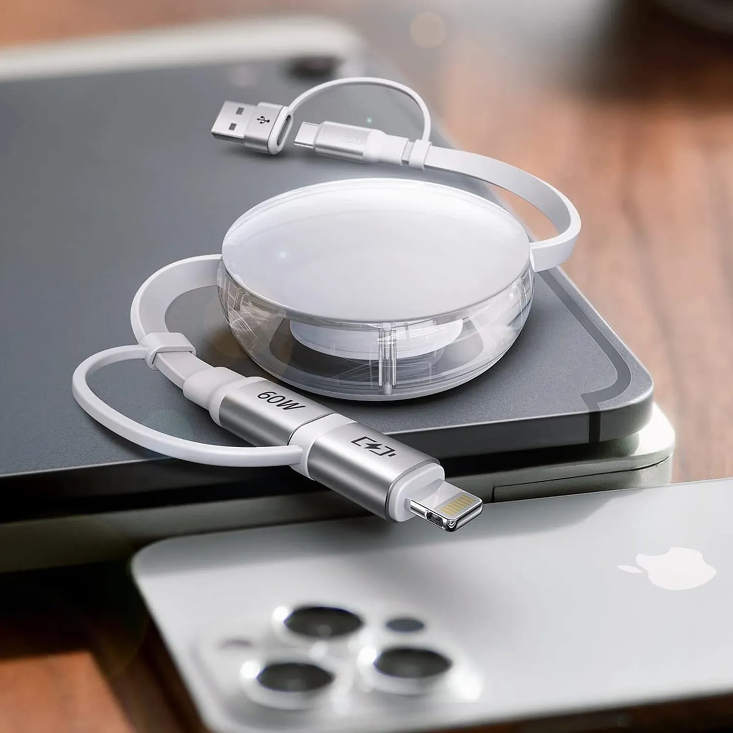Timebox 5 in 1 cablu USB-C retractabil alb 60W 1m