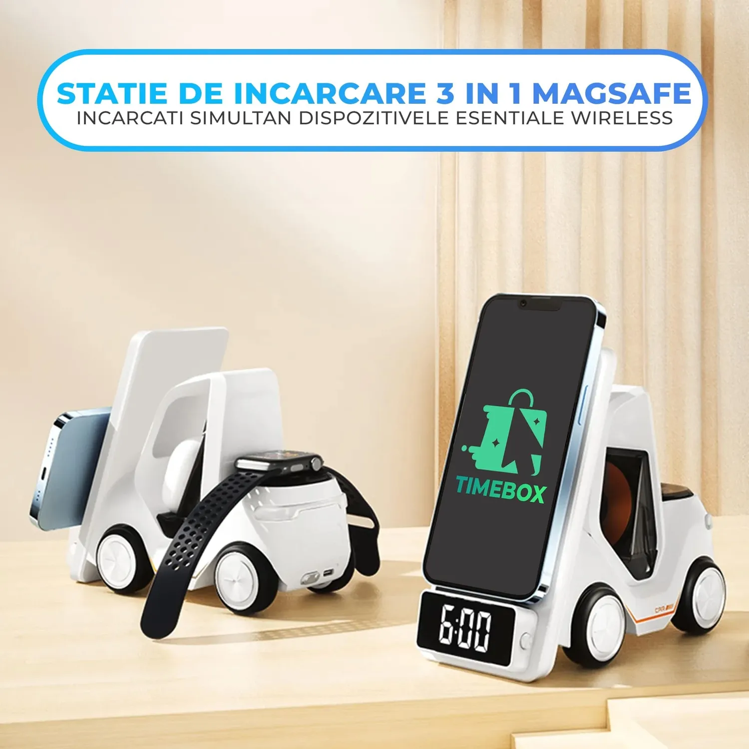 Timebox incarcator wireless 3in1 15W alb MagSafe