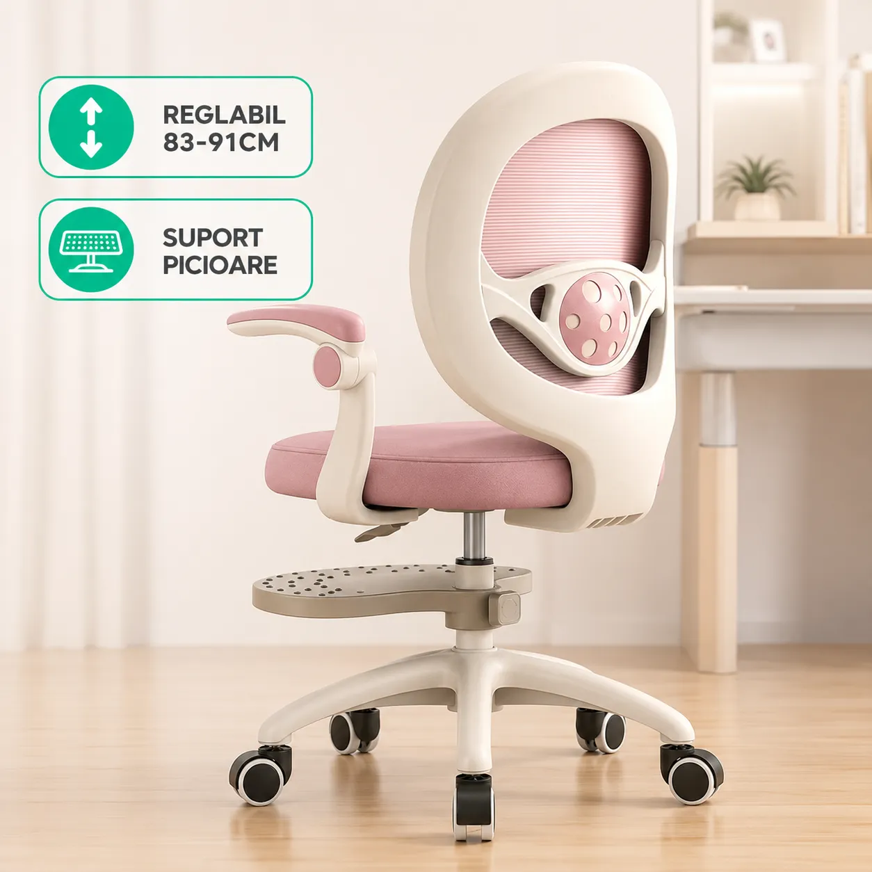 Timebox scaun birou copii roz ergonomic reglabil