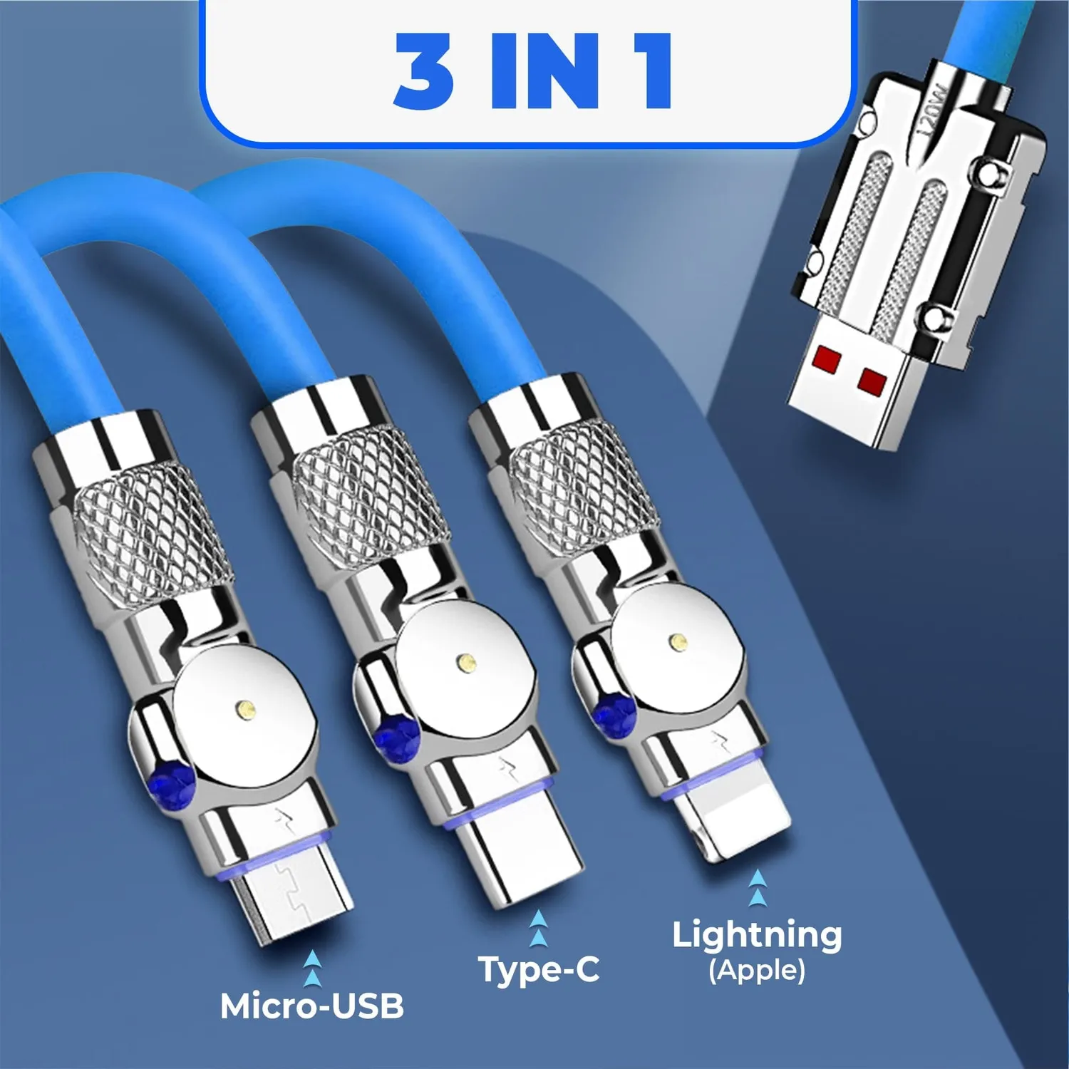Timebox cablu incarcare rapida 3 in 1 120W 1,2m albastru
