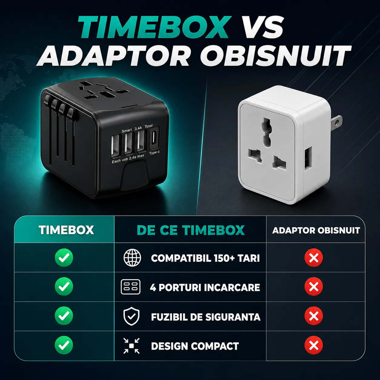 Timebox Adaptor Universal Calatorie 3 USB Type-C Negru