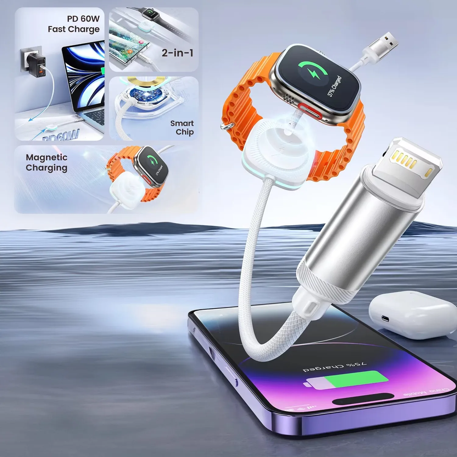 Timebox 2 în 1 cablu încărcare USB-C 1,2m alb