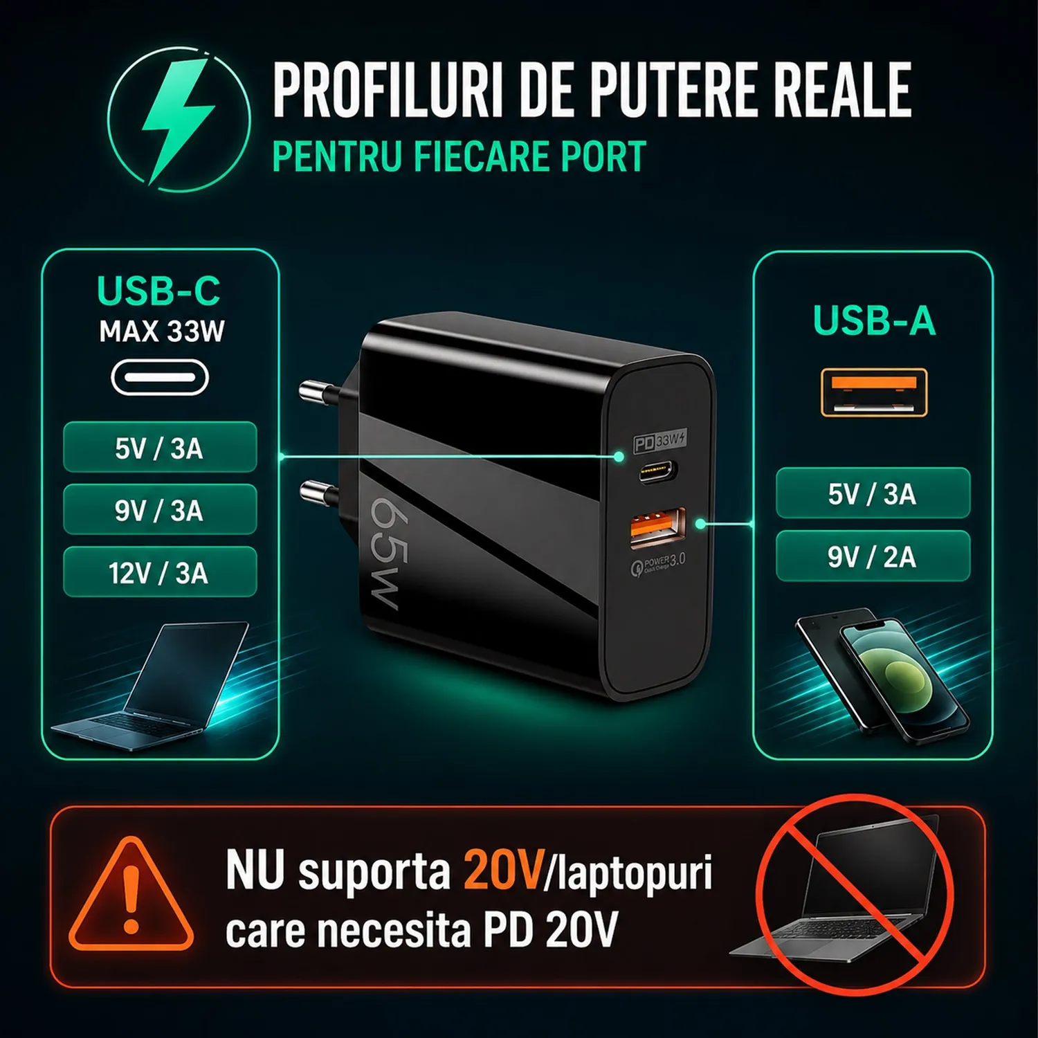 Timebox 65W Incarcator Retea 2 Porturi USB Type-C Negru GaN