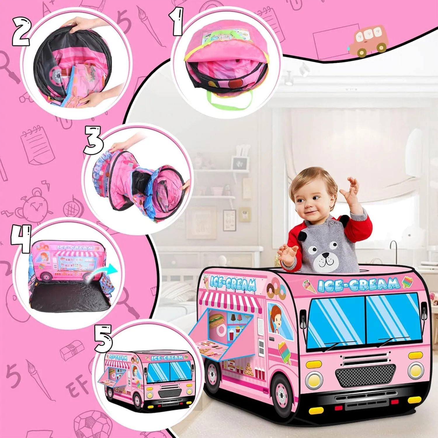 Timebox cort joaca pop-up copii 1-5 ani roz Ice Cream