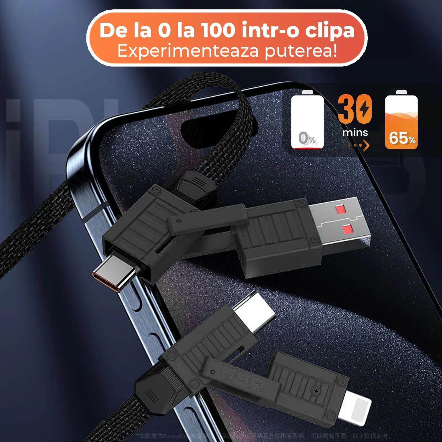 Timebox 4 in 1 65W cablu incarcare rapida negru 1,5m