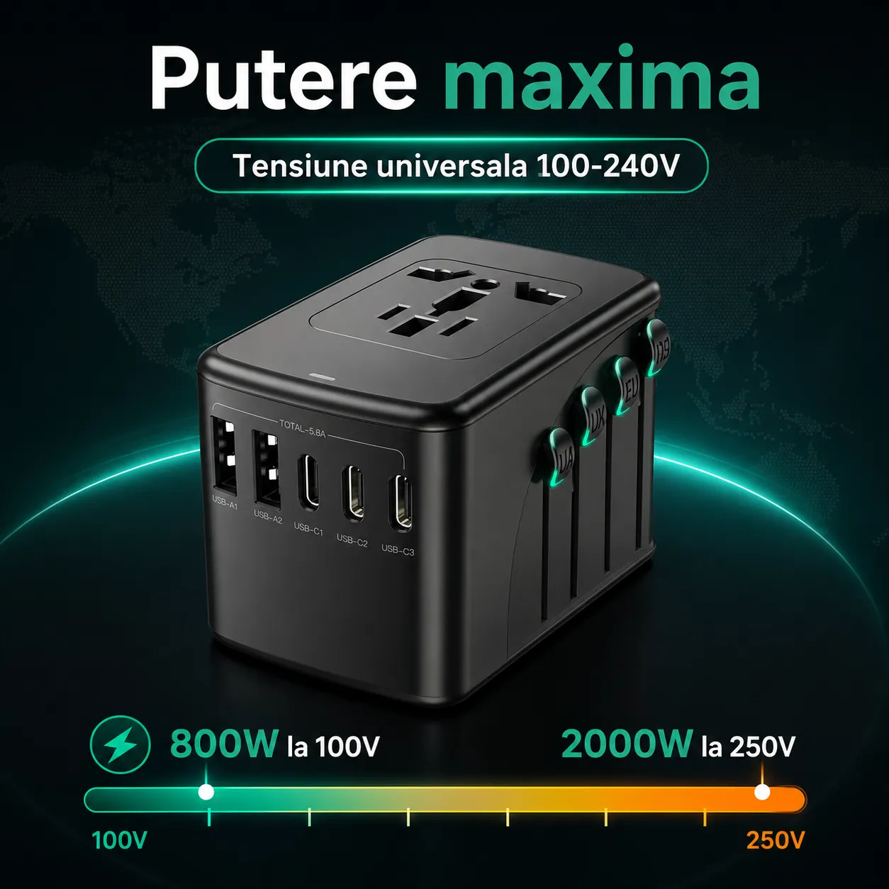Timebox Adaptor Universal Priza Voiaj 5 Porturi Negru