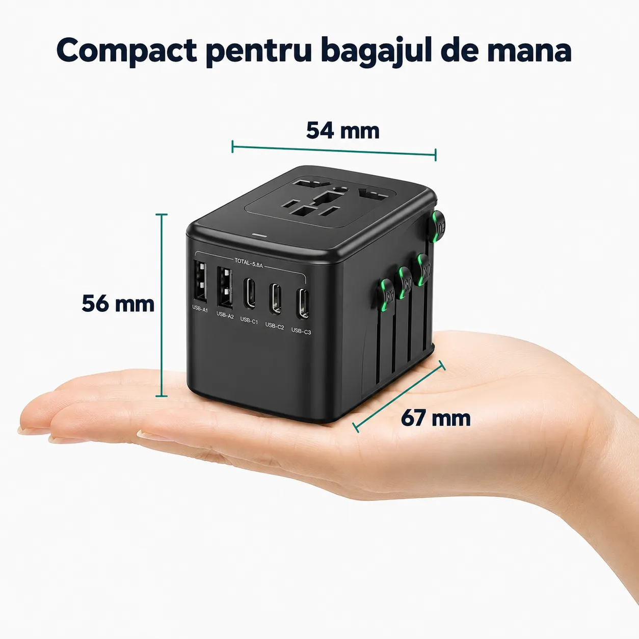 Timebox Adaptor Universal Priza Voiaj 5 Porturi Negru