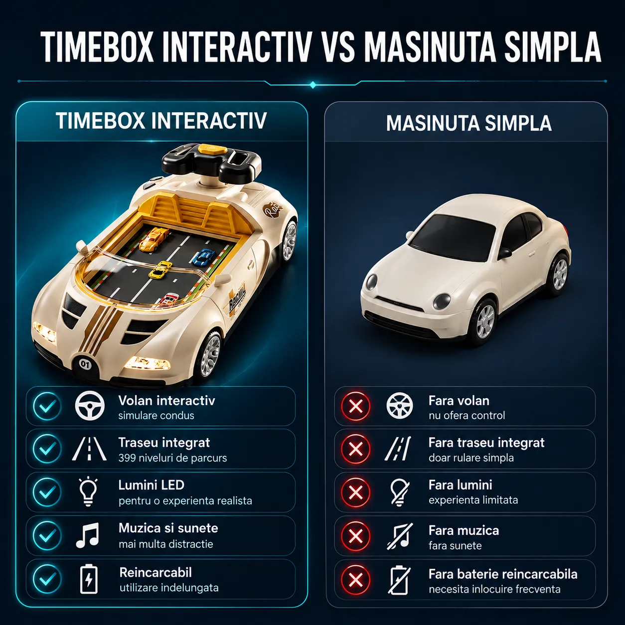 Timebox Bugatti masinuta interactiva bej cu telecomanda
