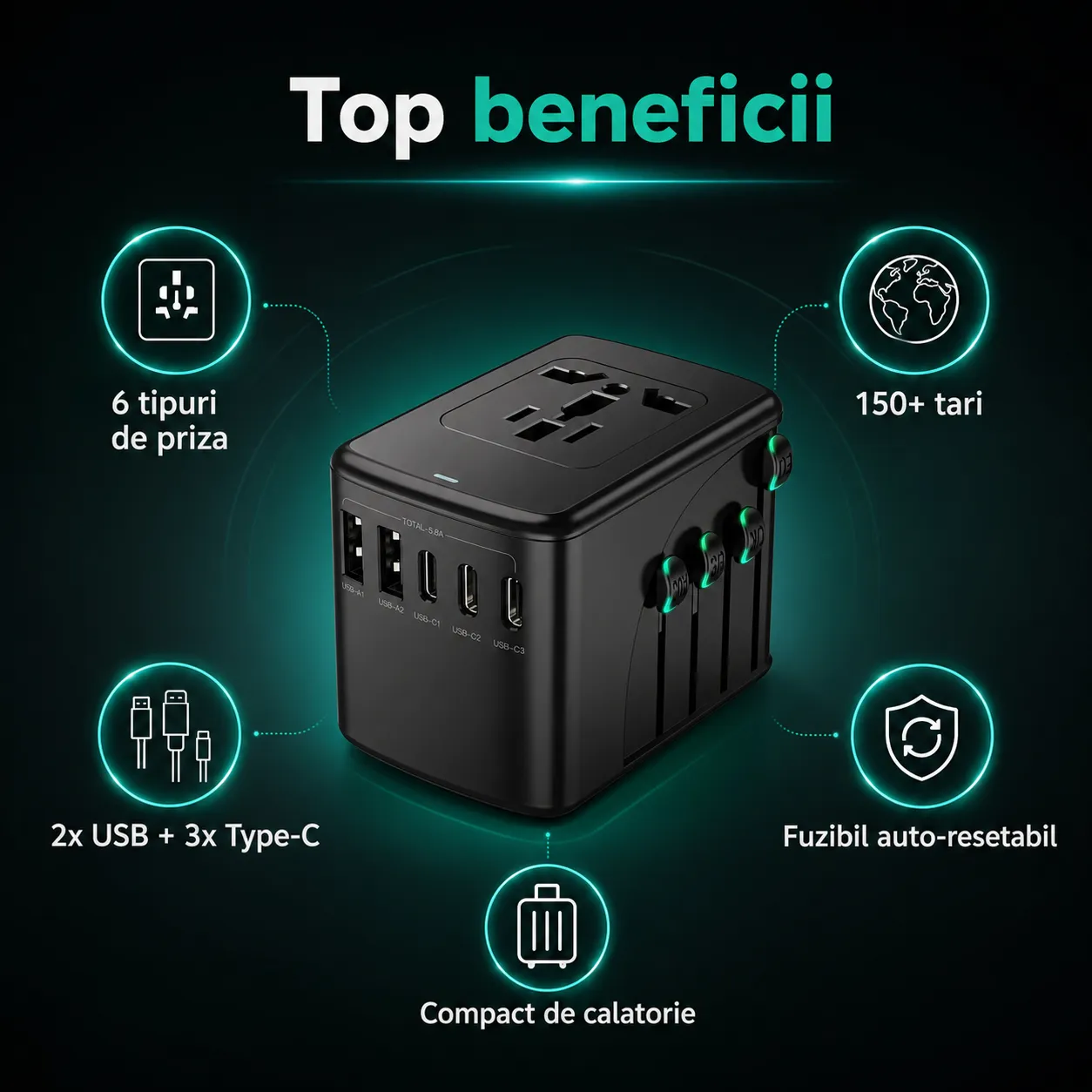 Timebox Adaptor Universal Priza Voiaj 5 Porturi Negru