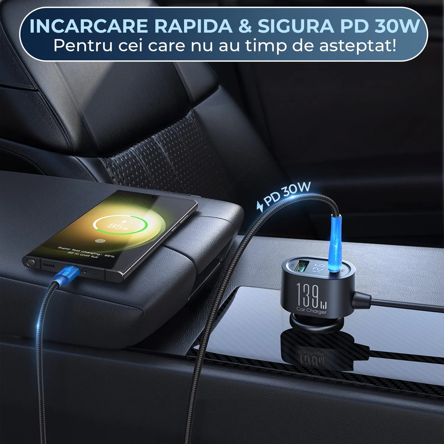 Timebox 139W incarcator auto 7 in 1 cu USB si USB-C display