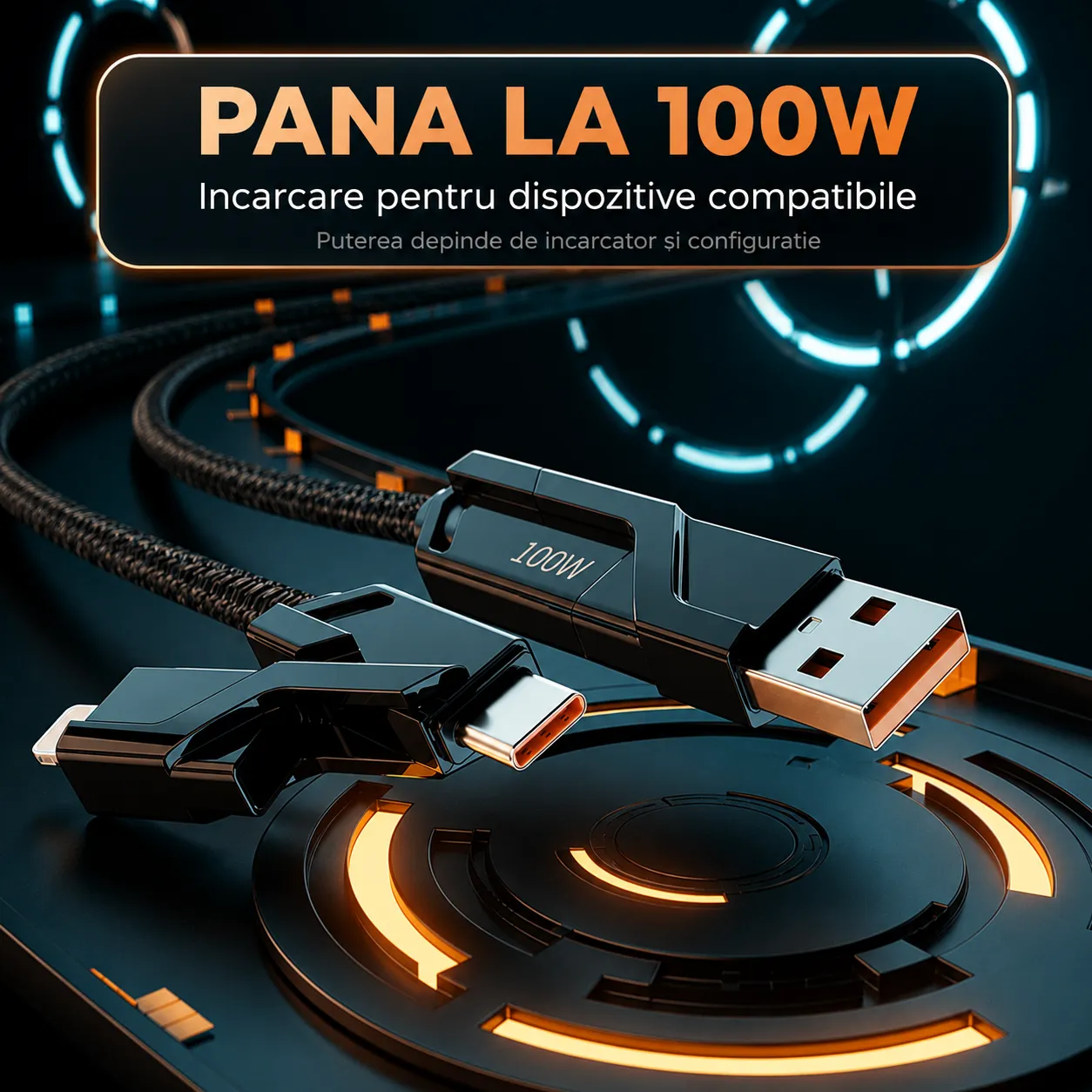 Timebox 4 în 1 cablu încărcare 100W 1,5m negru