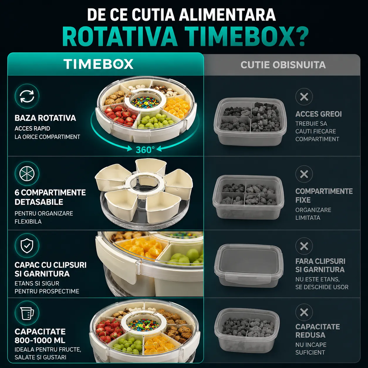 Timebox Cutie Alimentară Rotundă 6 Compartimente Bej