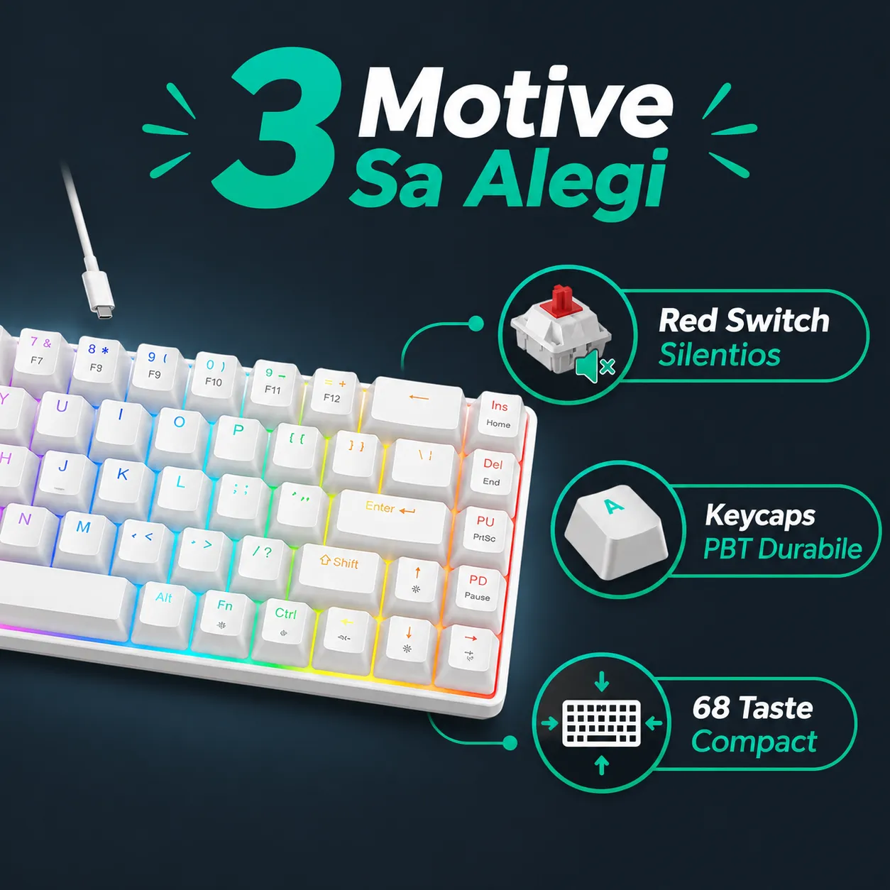 Timebox 60% tastatură gaming Red Switch RGB albă