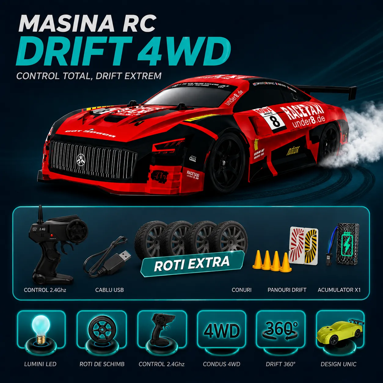 Timebox mașină telecomandă drift 1:20 roșie 30km/h