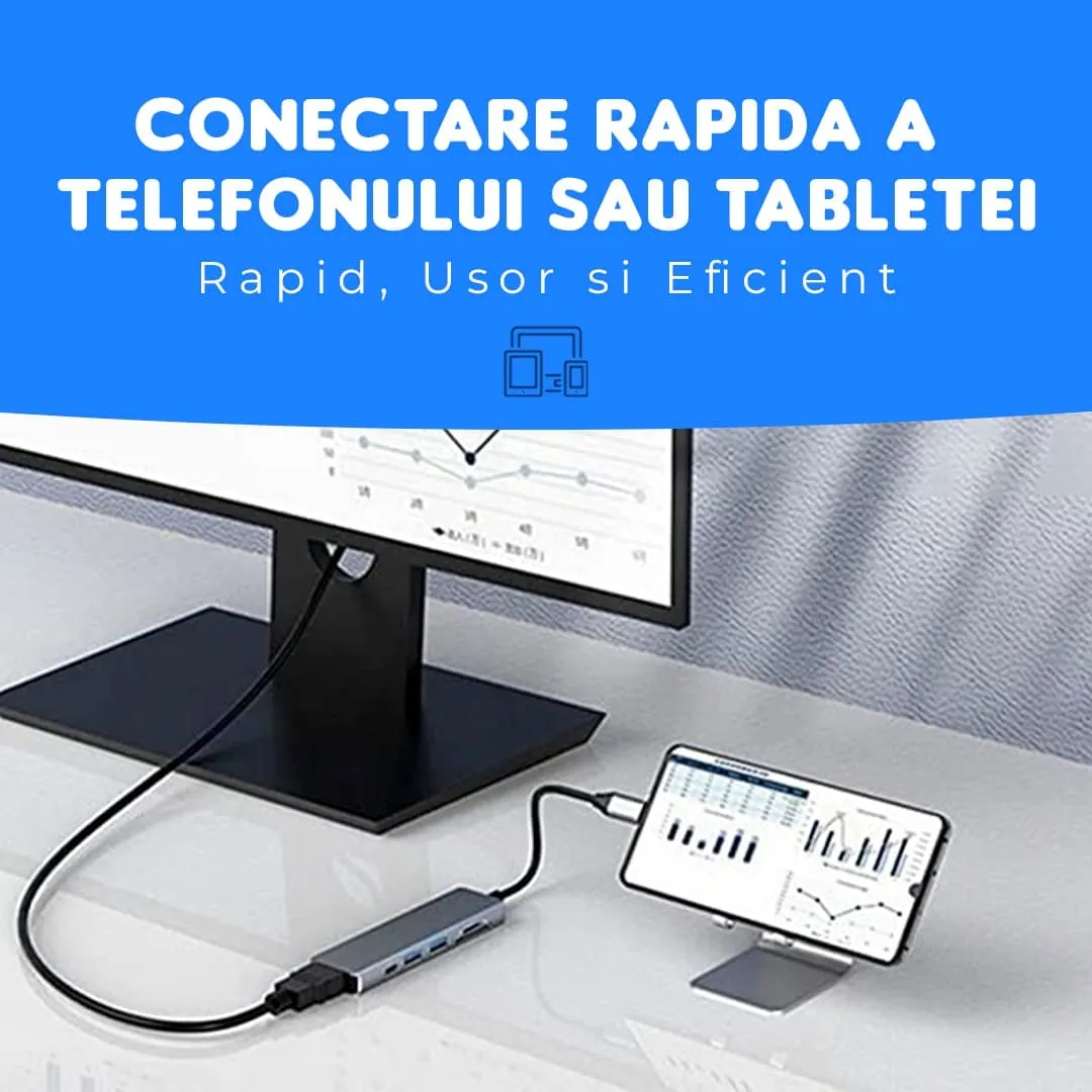 Timebox Hub USB 6 in 1 Type-C HDMI 4K Card Reader Argintiu