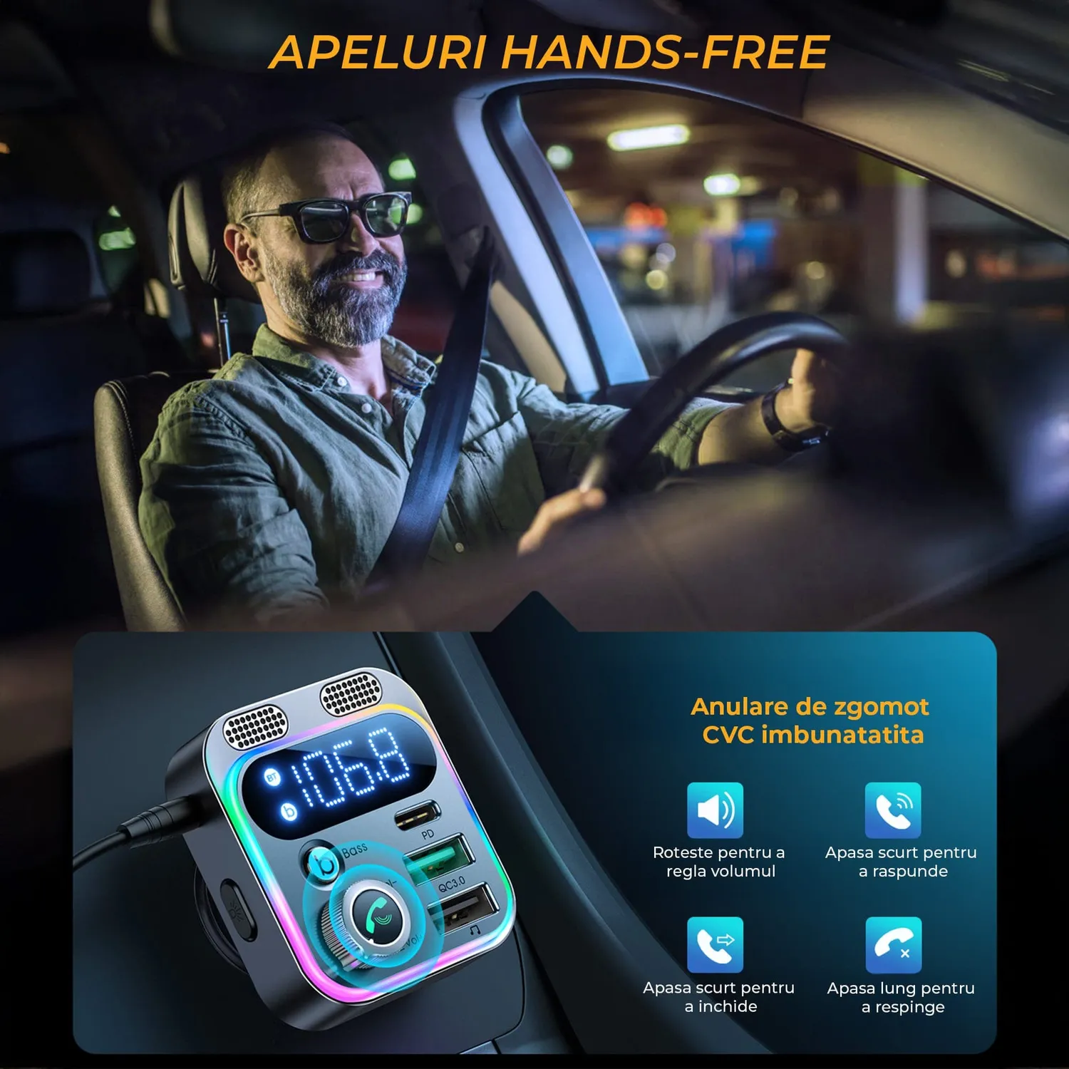 Timebox modulator FM auto Bluetooth 5 negru hands-free
