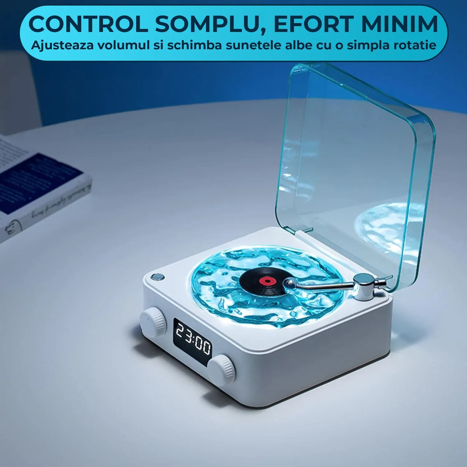 Timebox boxa portabila Vinyl alba Bluetooth ceas proiector
