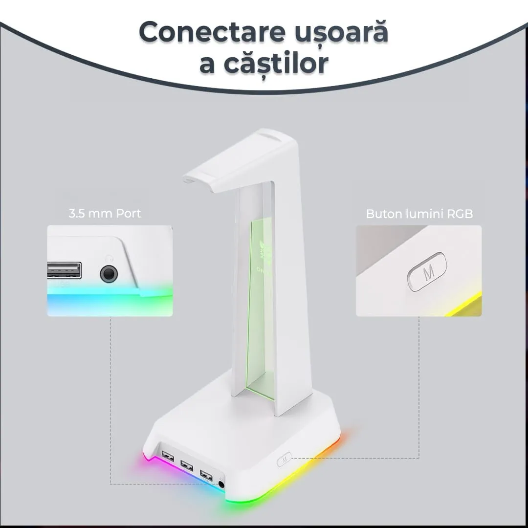 Timebox suport casti gaming RGB alb cu USB anti-slip
