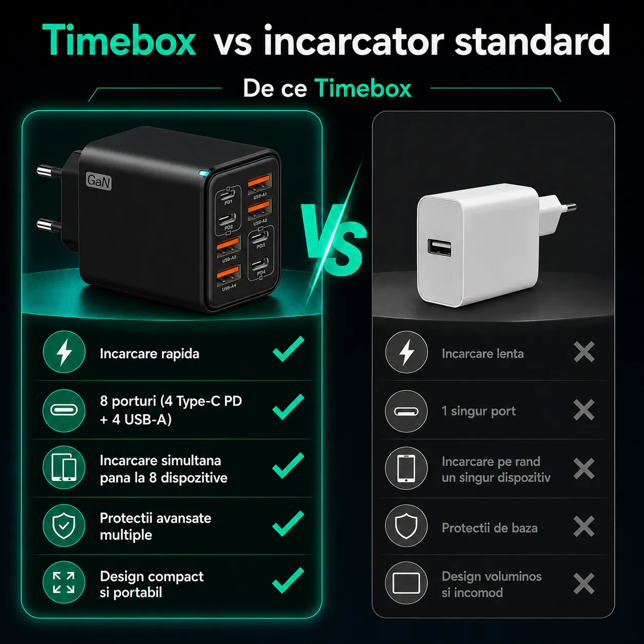 Timebox 240W incarcator GaN 8 porturi USB-C USB-A