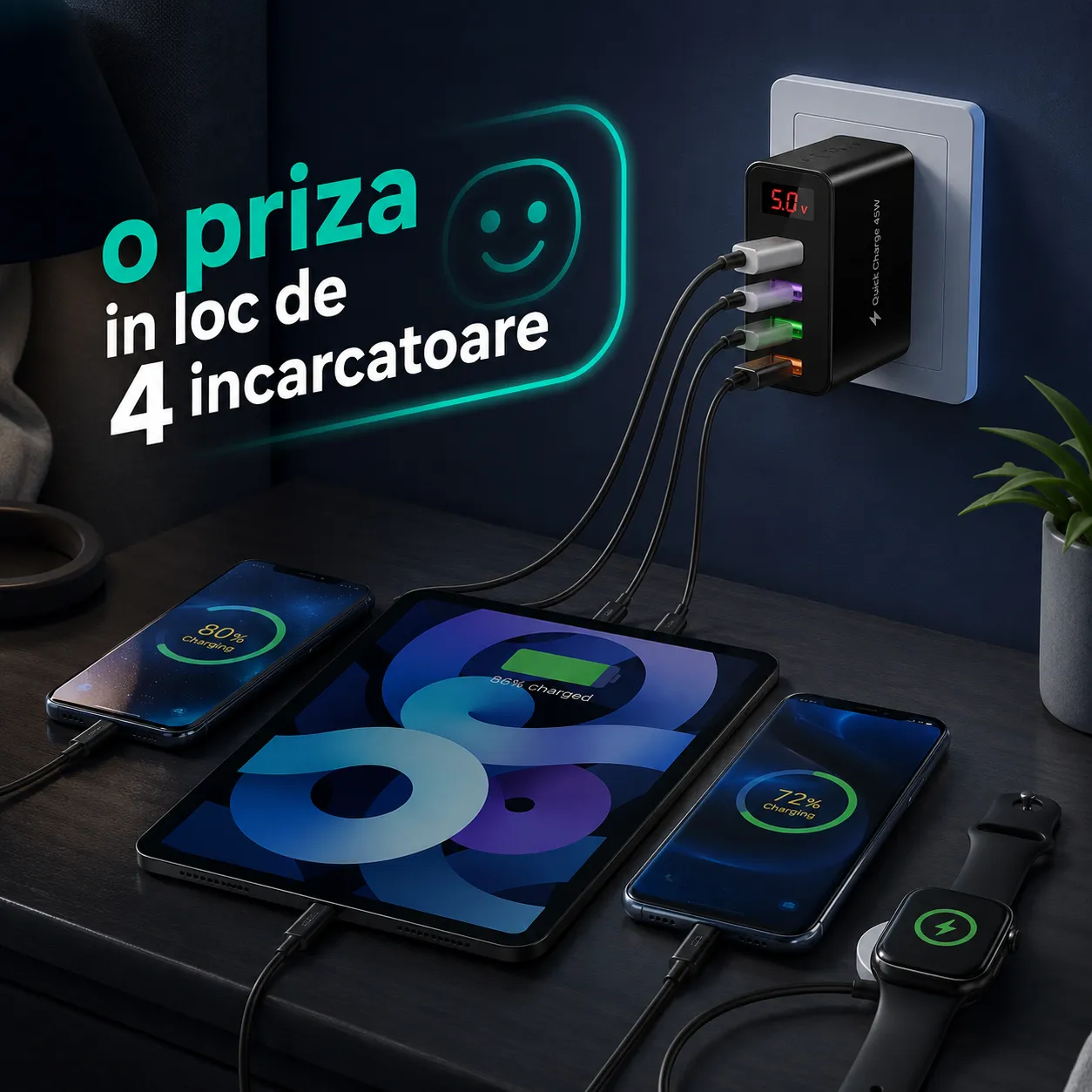 Timebox 45W incarcator retea 4 porturi negru display