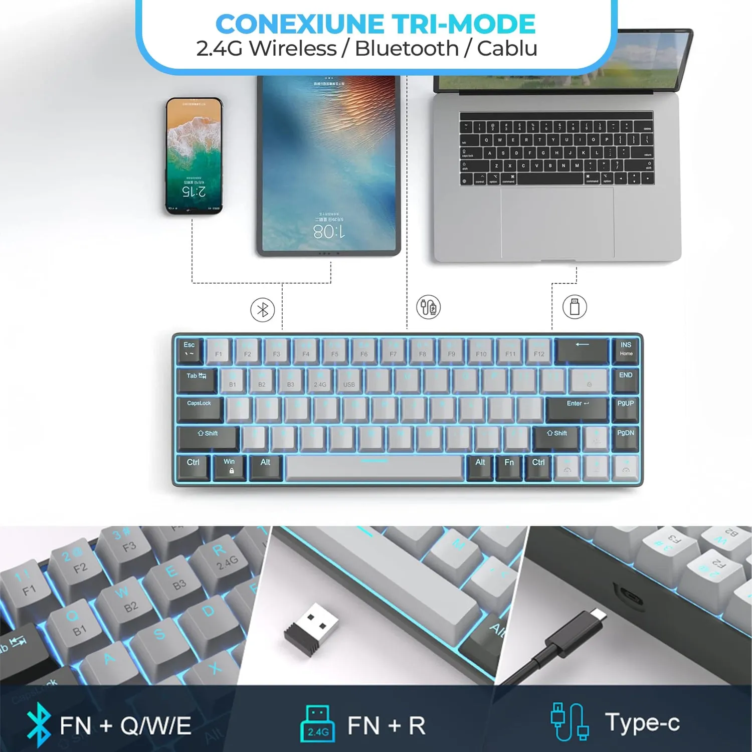 Timebox tastatură gaming mecanică 65% wireless LED
