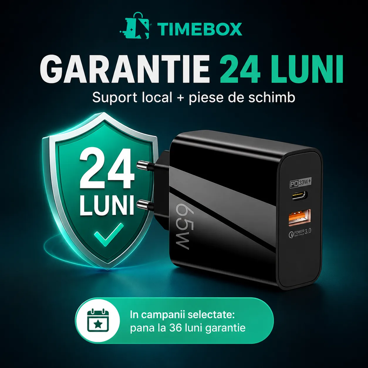 Timebox 65W Incarcator Retea 2 Porturi USB Type-C Negru GaN