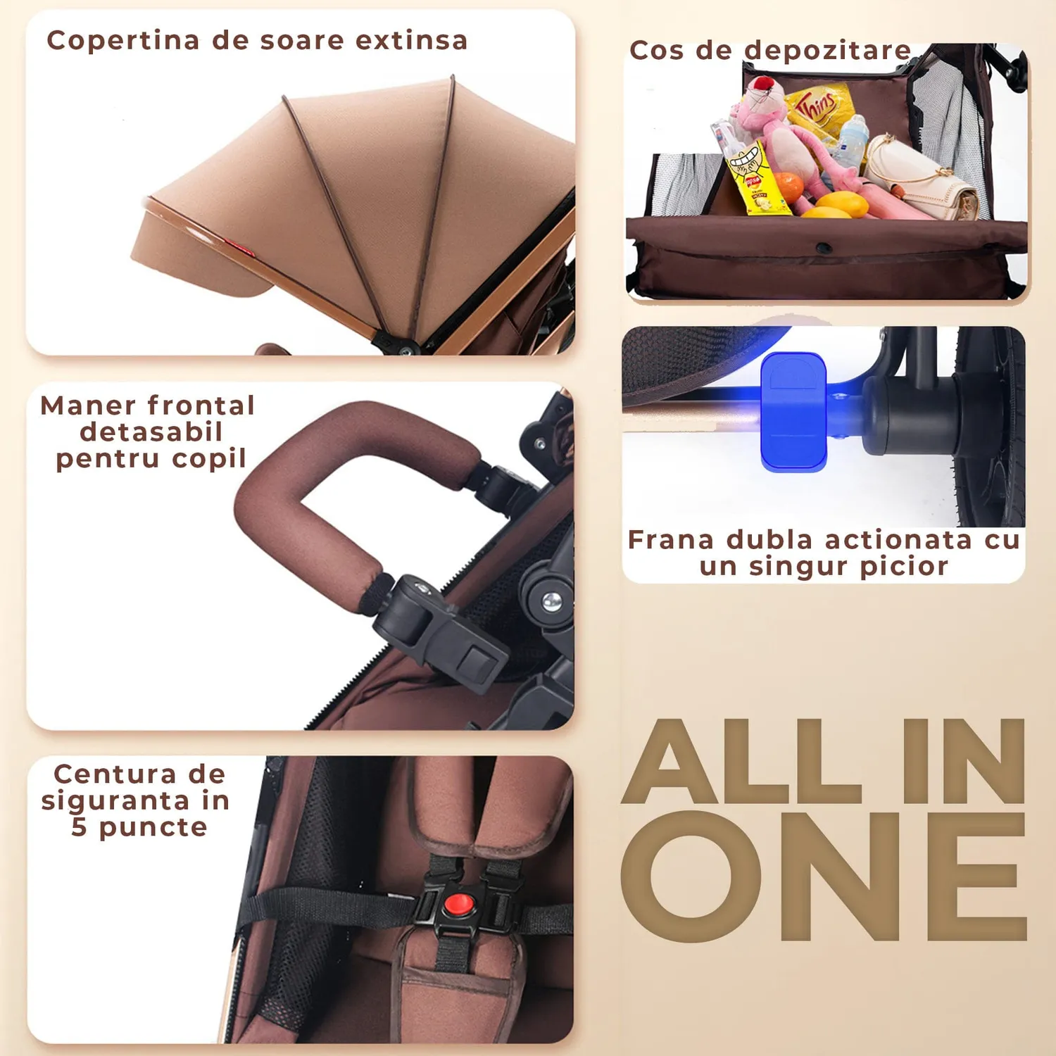 Timebox 0-3 Ani cărucior bebeluși Maro reversibil