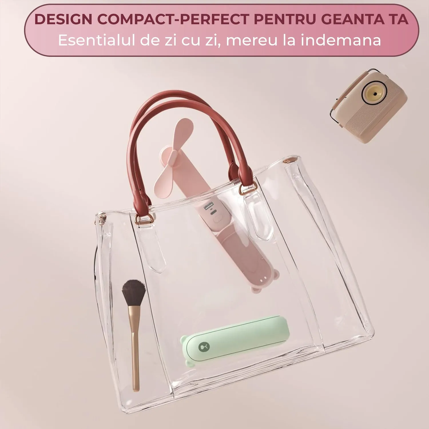 Timebox Mini Ventilator Portabil 3 în 1 USB Roz
