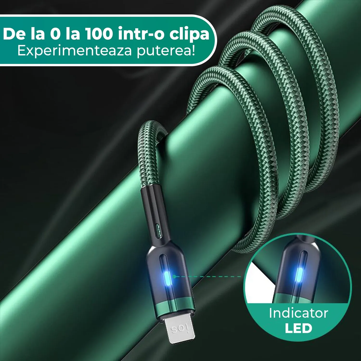 Timebox QC3.0 cablu Lightning verde 1,2m LED nylon