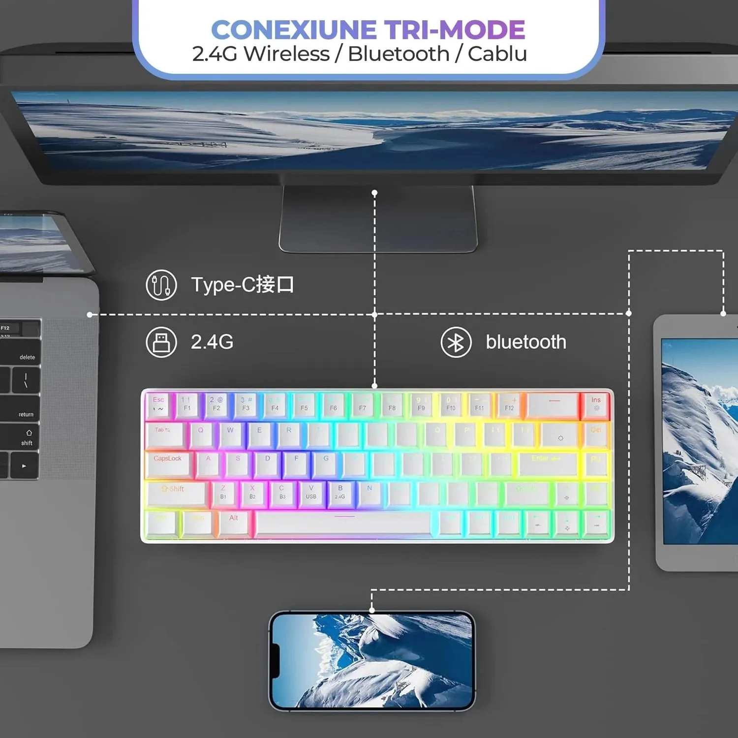 Timebox pachet gaming 60% wireless alb Red Switch tastatura+mouse