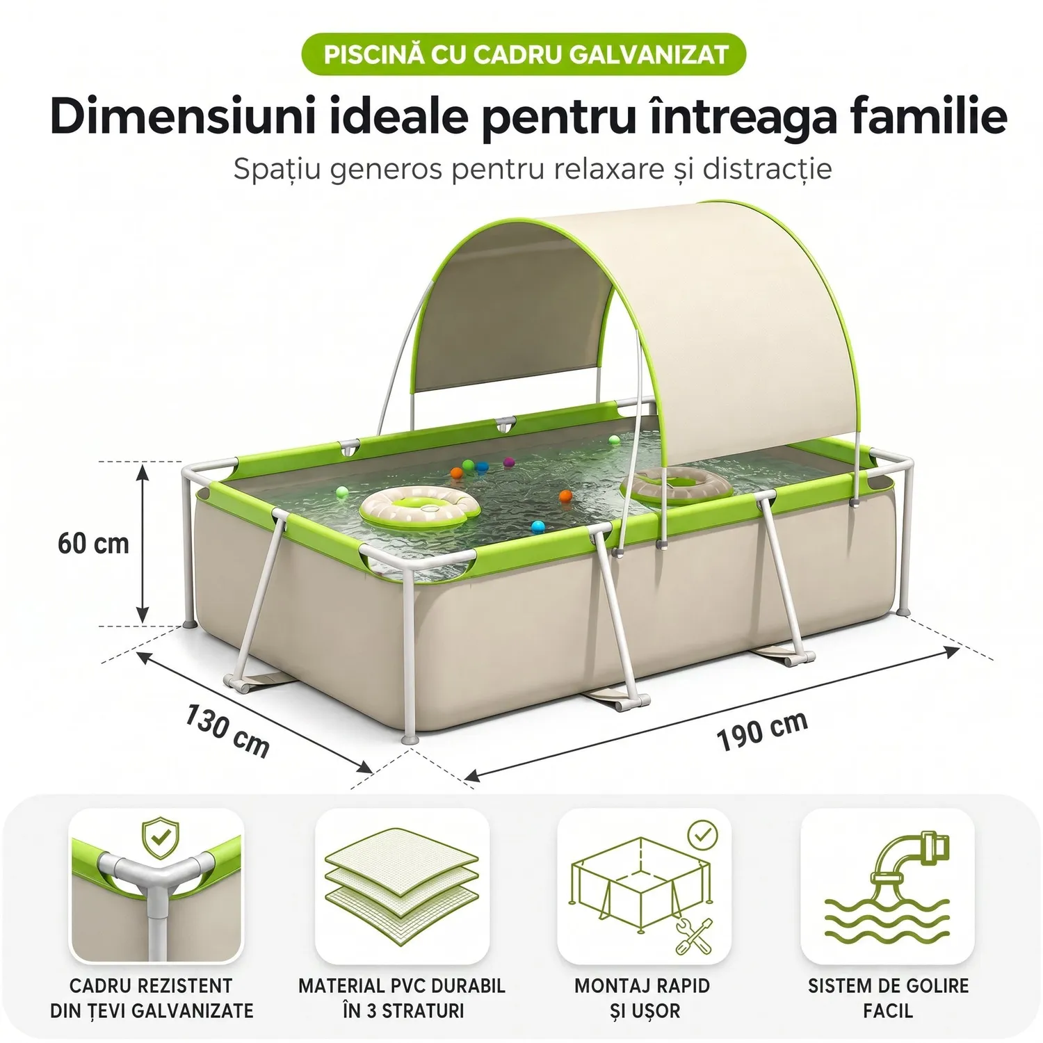 Timebox cadru metalic piscina 190x130x60cm umbrar UV