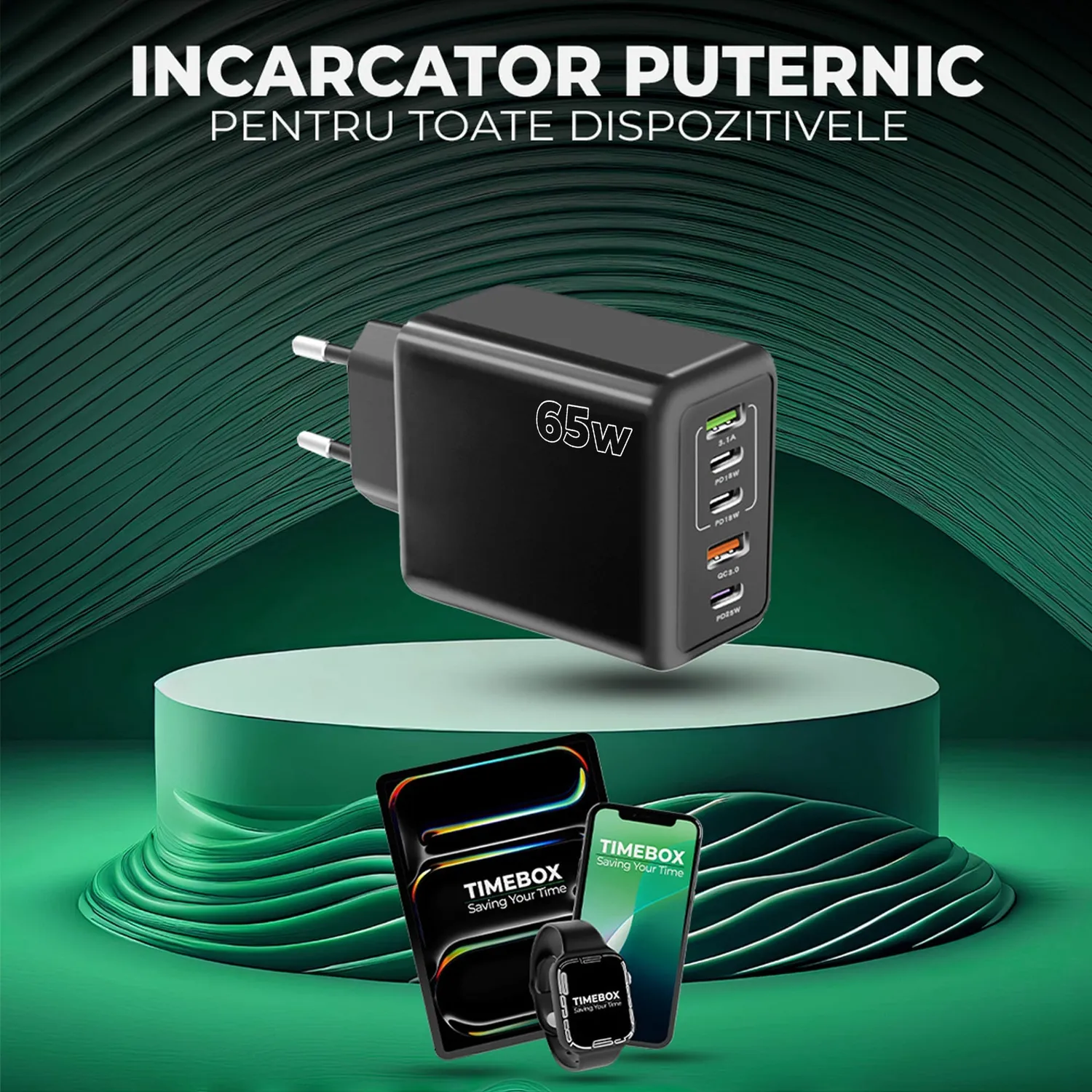 Incarcator retea Timebox 65W 5 porturi negru fast charge