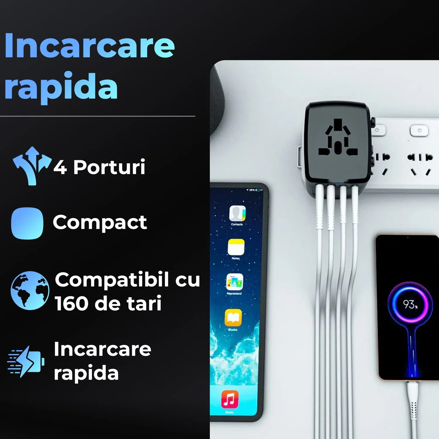 Timebox Adaptor Priza Calatorie 2xUSB 2xType-C Negru