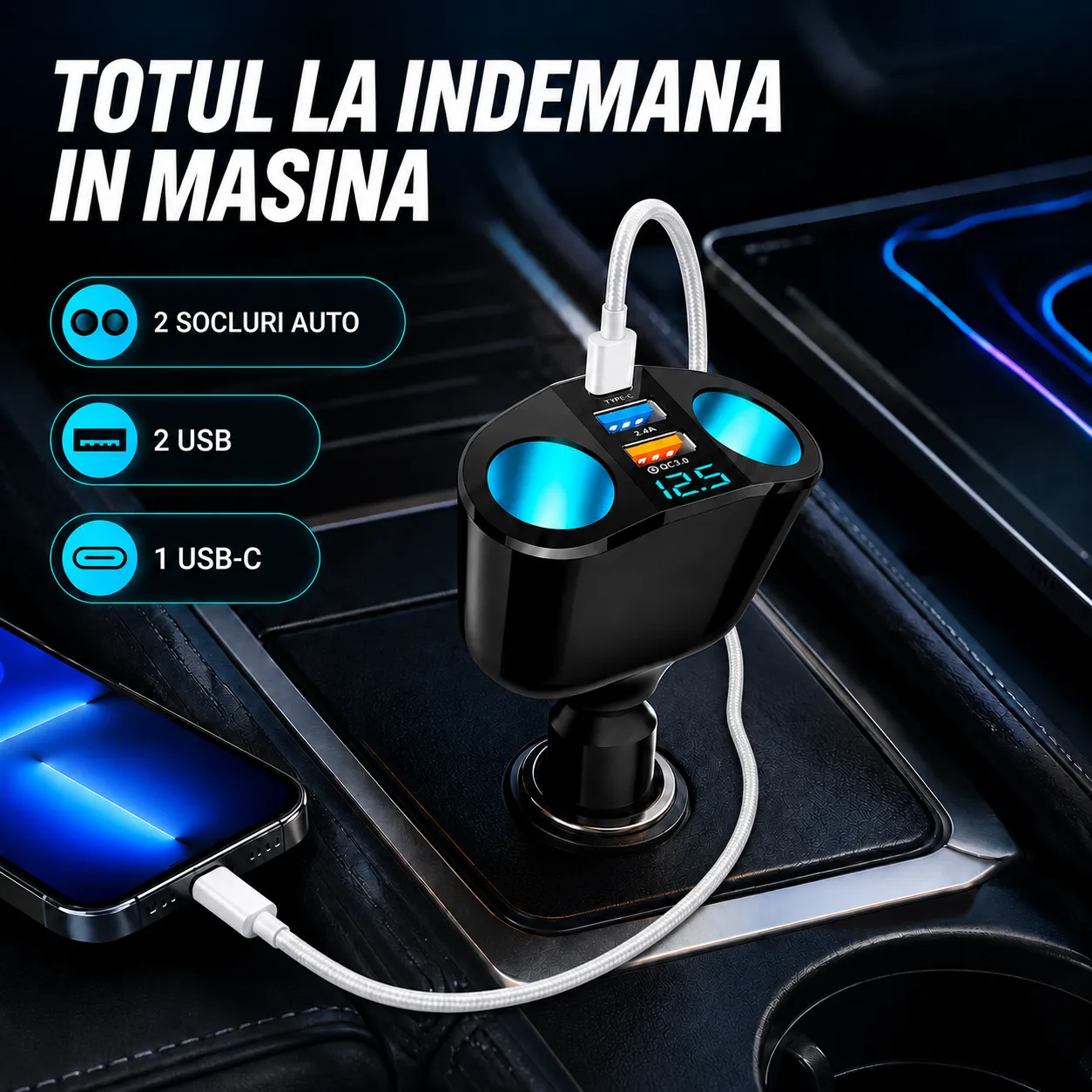 Timebox 120W pachet auto Type-C USB-C 1m alb