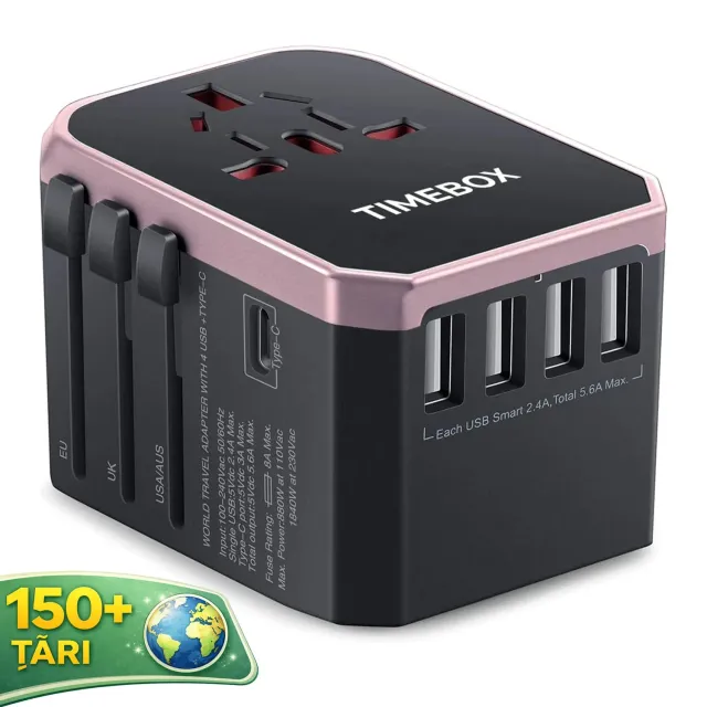 Timebox adaptor priza universal 4 USB + Type-C rose gold