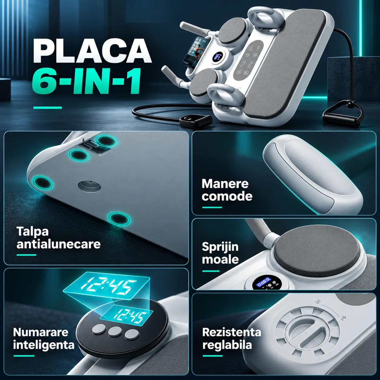 Timebox 6-in-1 placa fitness gri cu timer si corzi elastice