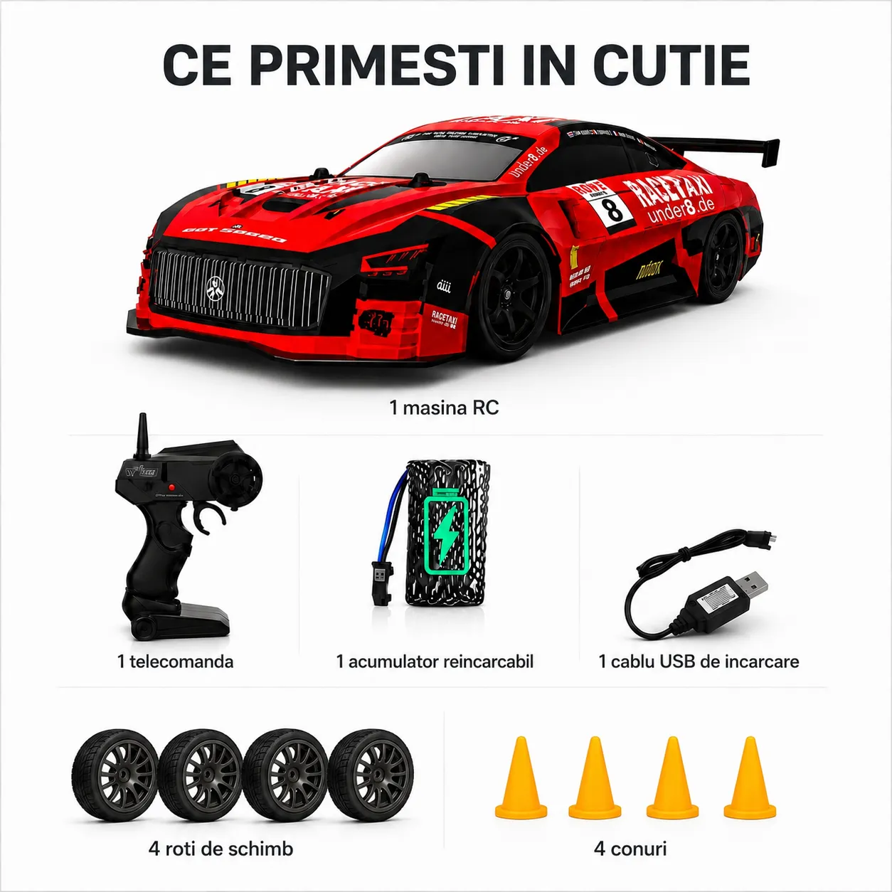 Timebox mașină telecomandă drift 1:20 roșie 30km/h