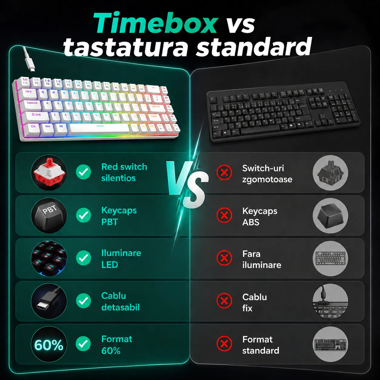 Timebox 60% tastatură gaming Red Switch RGB albă