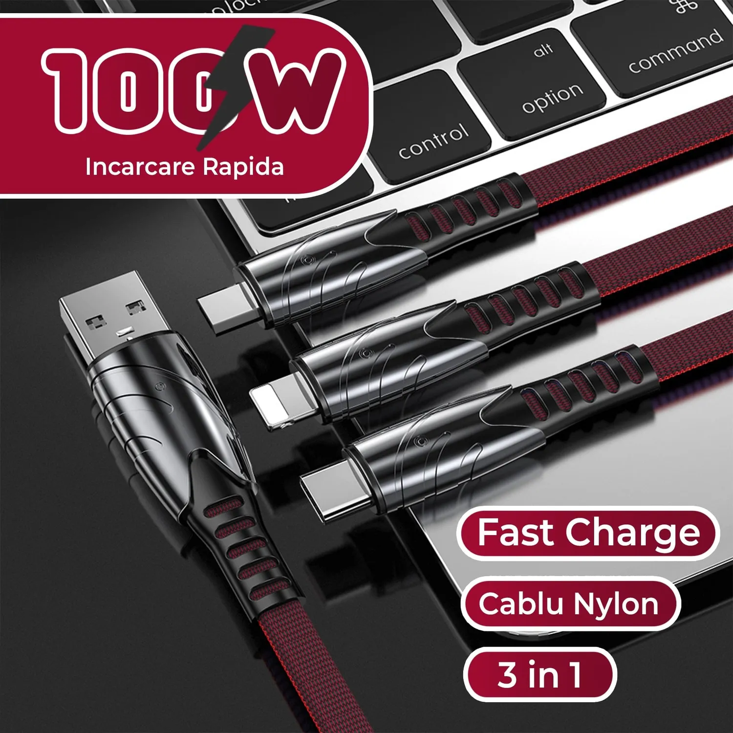 Timebox Cablu 3 in 1 120W Nailon Rosu USB Lightning