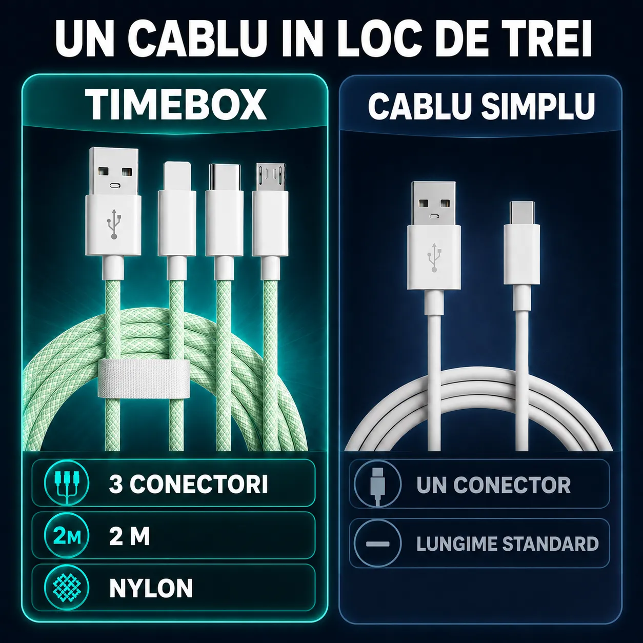 Timebox 3 in 1 cablu incarcare rapida 66W 2m verde QC3.0