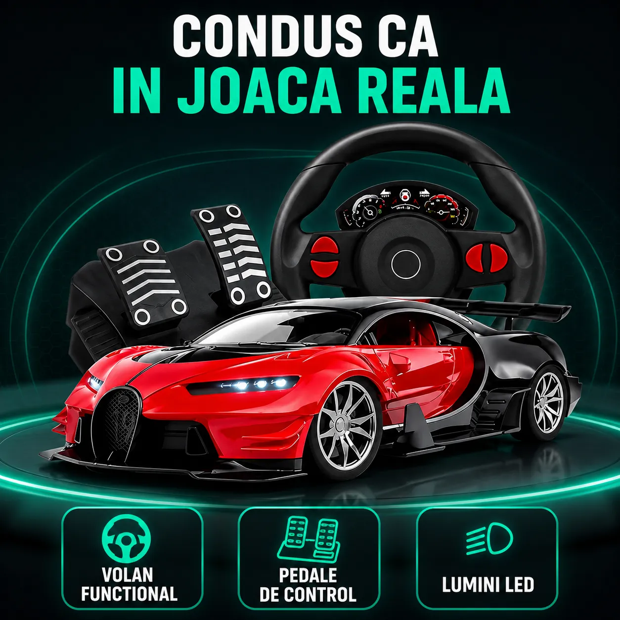 Timebox Volan Pedale masinuta telecomanda 1:16 rosu LED