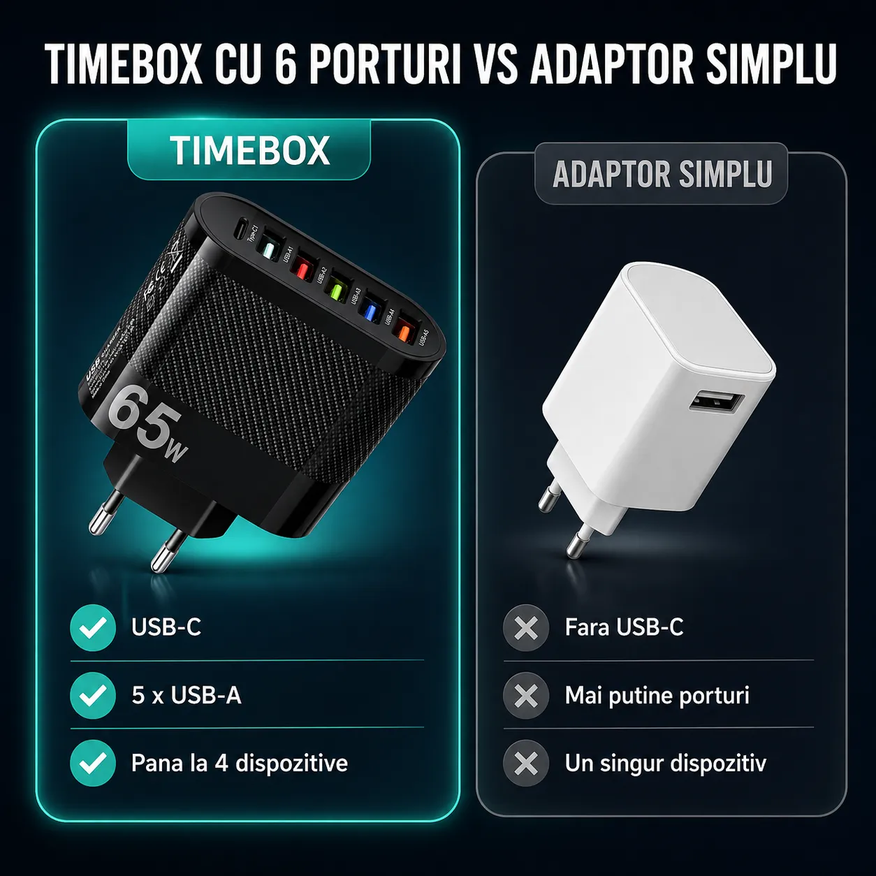 Încărcător rețea Timebox 65W 6 porturi Type-C USB negru rapid