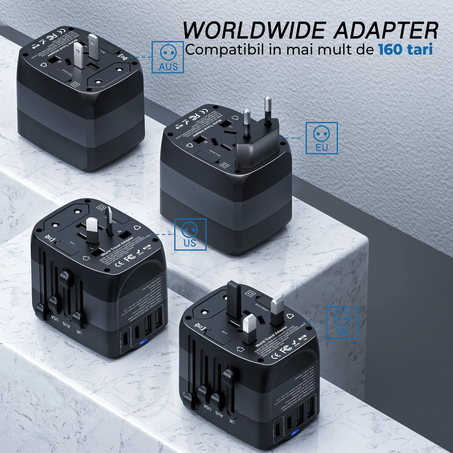 Timebox Adaptor Priza Calatorie 2xUSB 2xType-C Negru