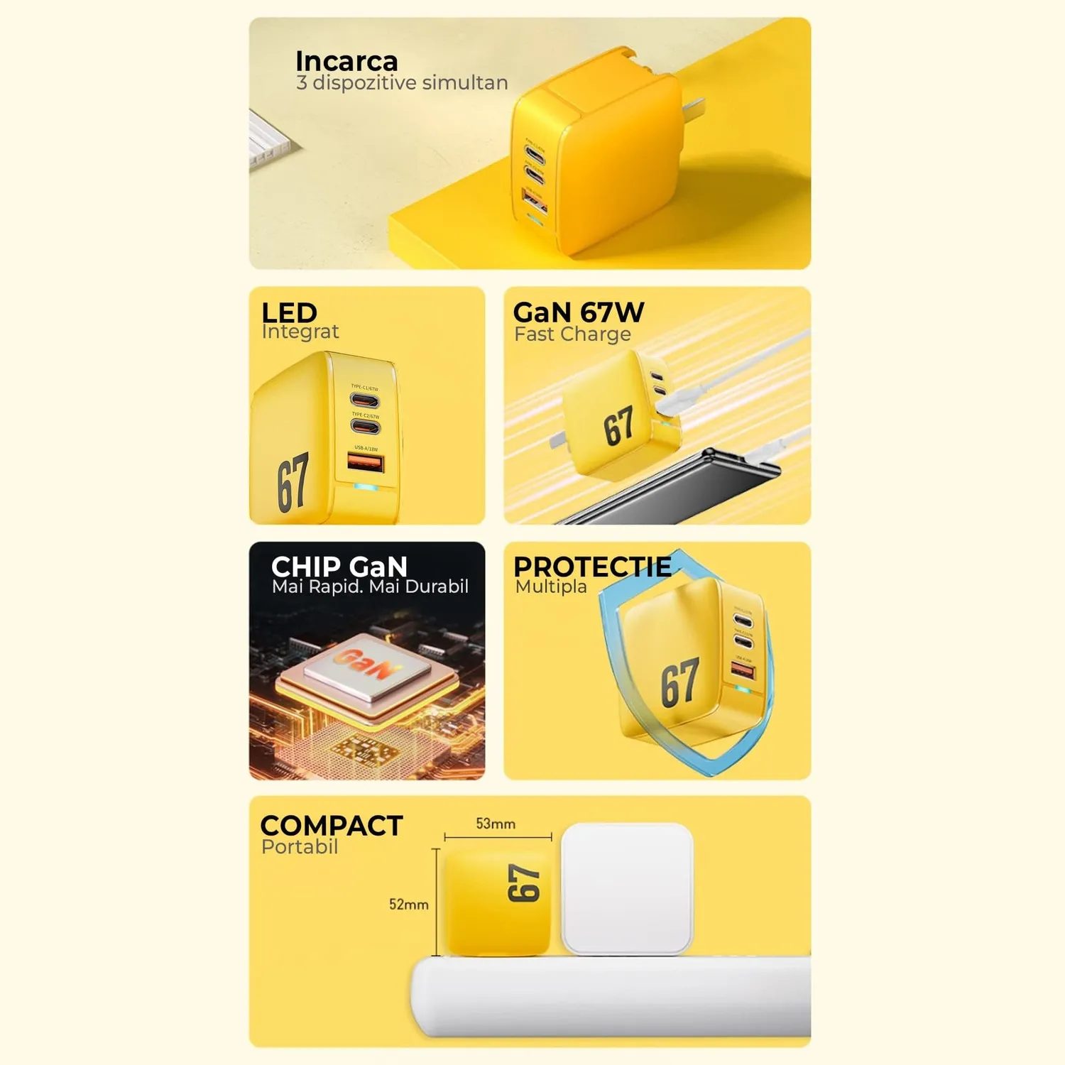 Încărcător rețea Timebox 67W 3 porturi galben LED
